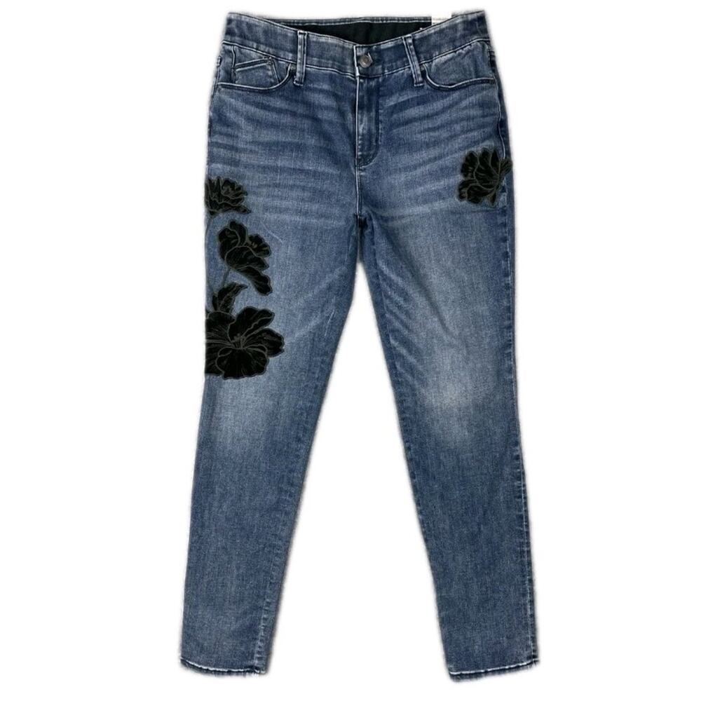 Chico's Jeans Women's 1.5 (US 10R) Blue Embroidered Black Floral WHIMSIGOTH Boho